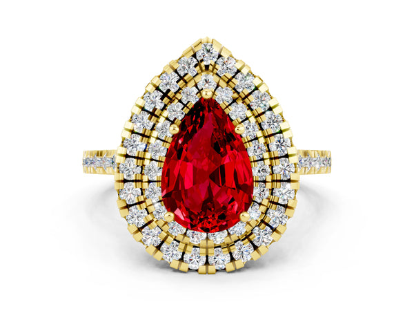 Yellow gold Double Halo Pear Cut Ruby Pavé Band with Four-Prong Setting