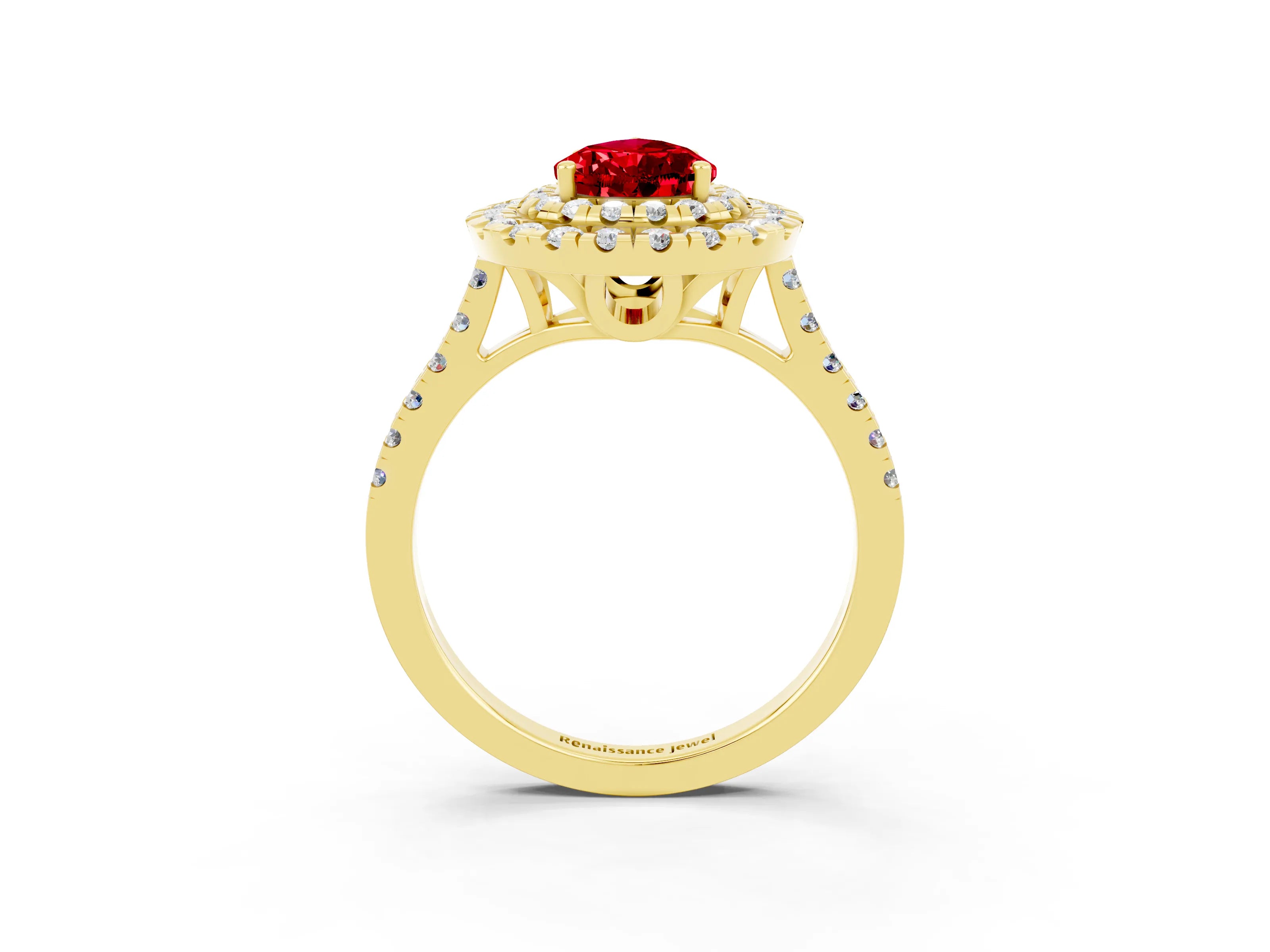 Yellow gold Double Halo Pear Cut Ruby Pavé Band with Four-Prong Setting_3