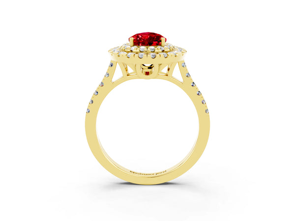 Yellow gold Double Halo Pear Cut Ruby Pavé Band with Four-Prong Setting