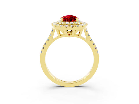 Yellow gold Double Halo Pear Cut Ruby Pavé Band with Four-Prong Setting_3