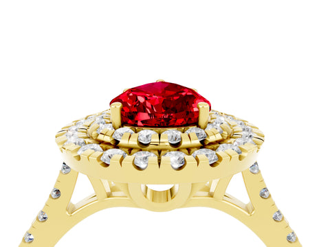 Yellow gold Double Halo Pear Cut Ruby Pavé Band with Four-Prong Setting_4