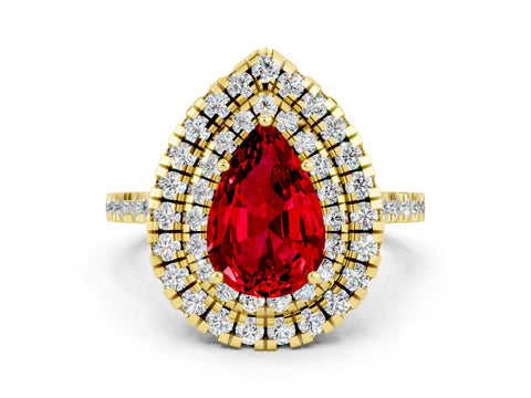 Yellow gold Double Halo Pear Cut Ruby Pavé Band with Four-Prong Setting