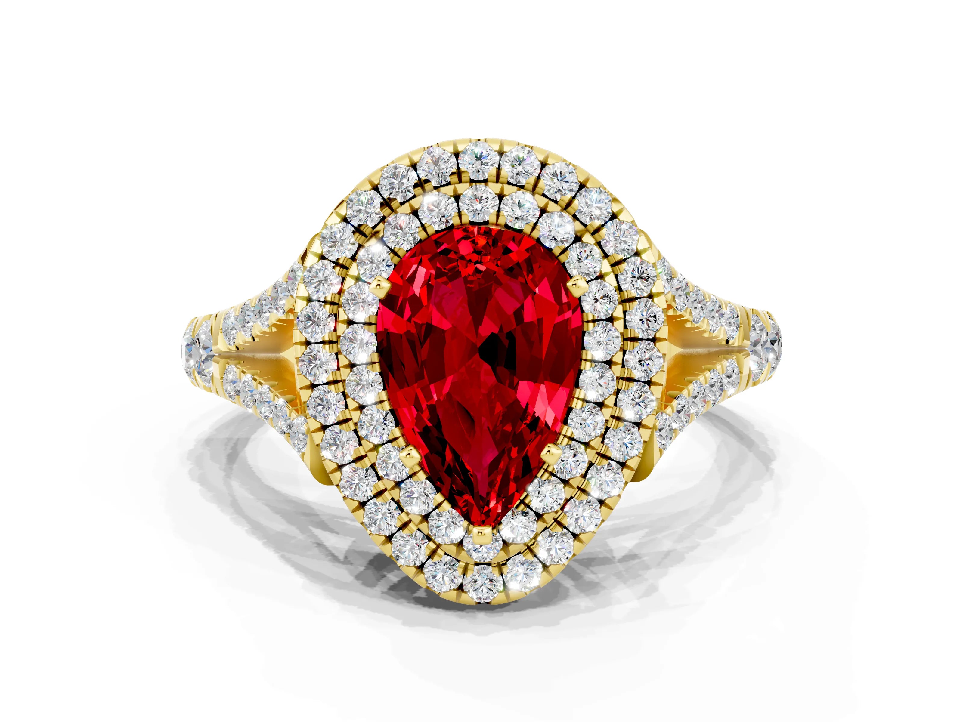 Yellow gold Double Halo Pear Cut Ruby Pavé Split Shank Ring with Prong Setting