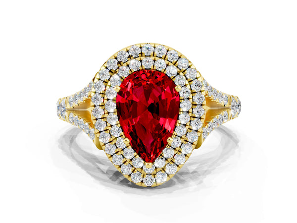 Yellow gold Double Halo Pear Cut Ruby Pavé Split Shank Ring with Prong Setting
