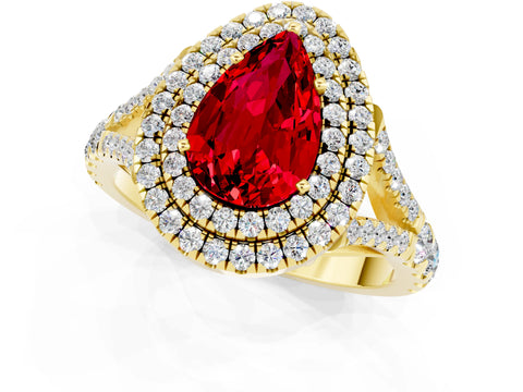 Yellow gold Double Halo Pear Cut Ruby Pavé Split Shank Ring with Prong Setting_1