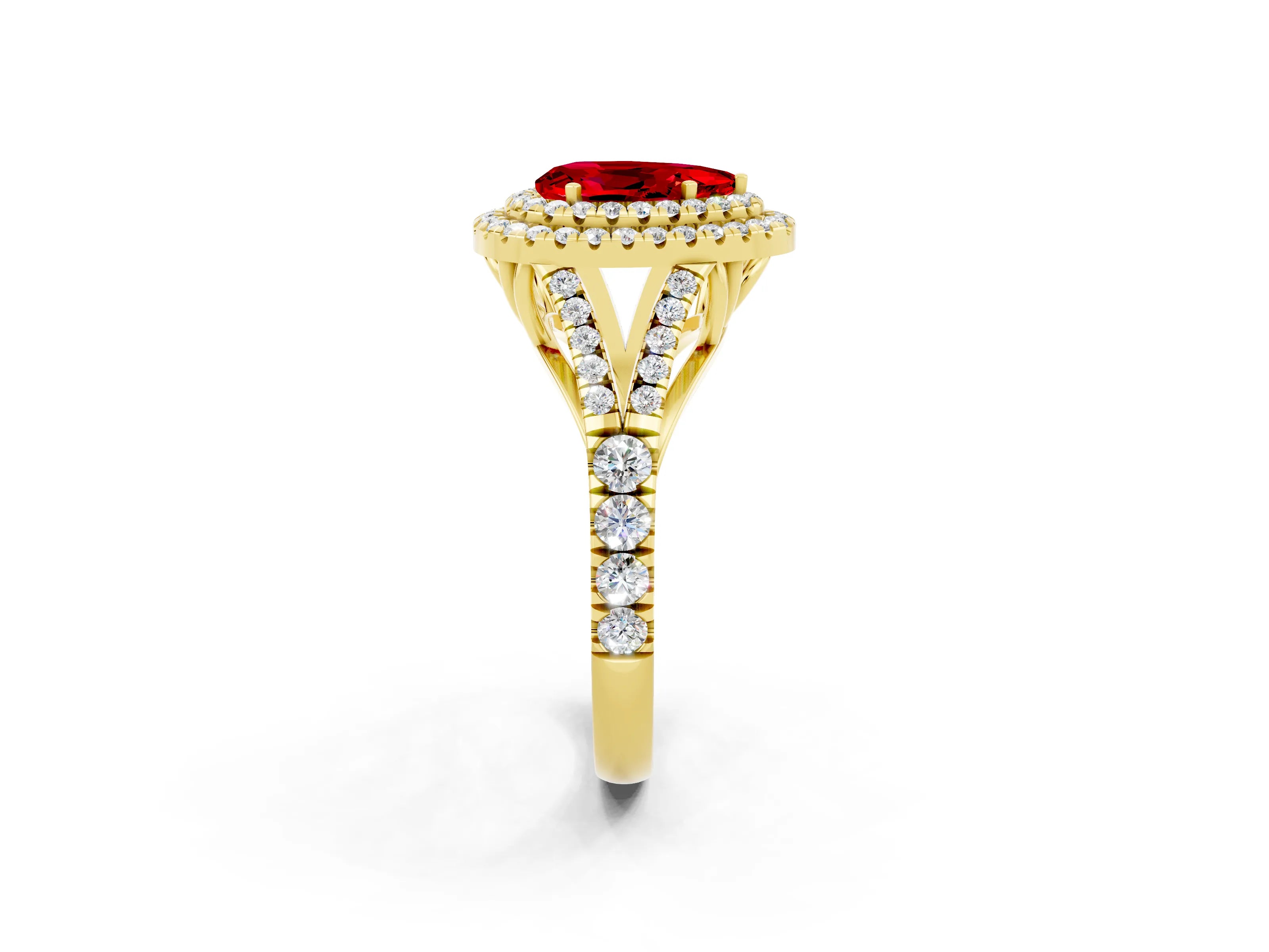 Yellow gold Double Halo Pear Cut Ruby Pavé Split Shank Ring with Prong Setting_2