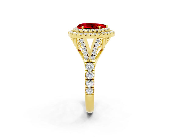 Yellow gold Double Halo Pear Cut Ruby Pavé Split Shank Ring with Prong Setting