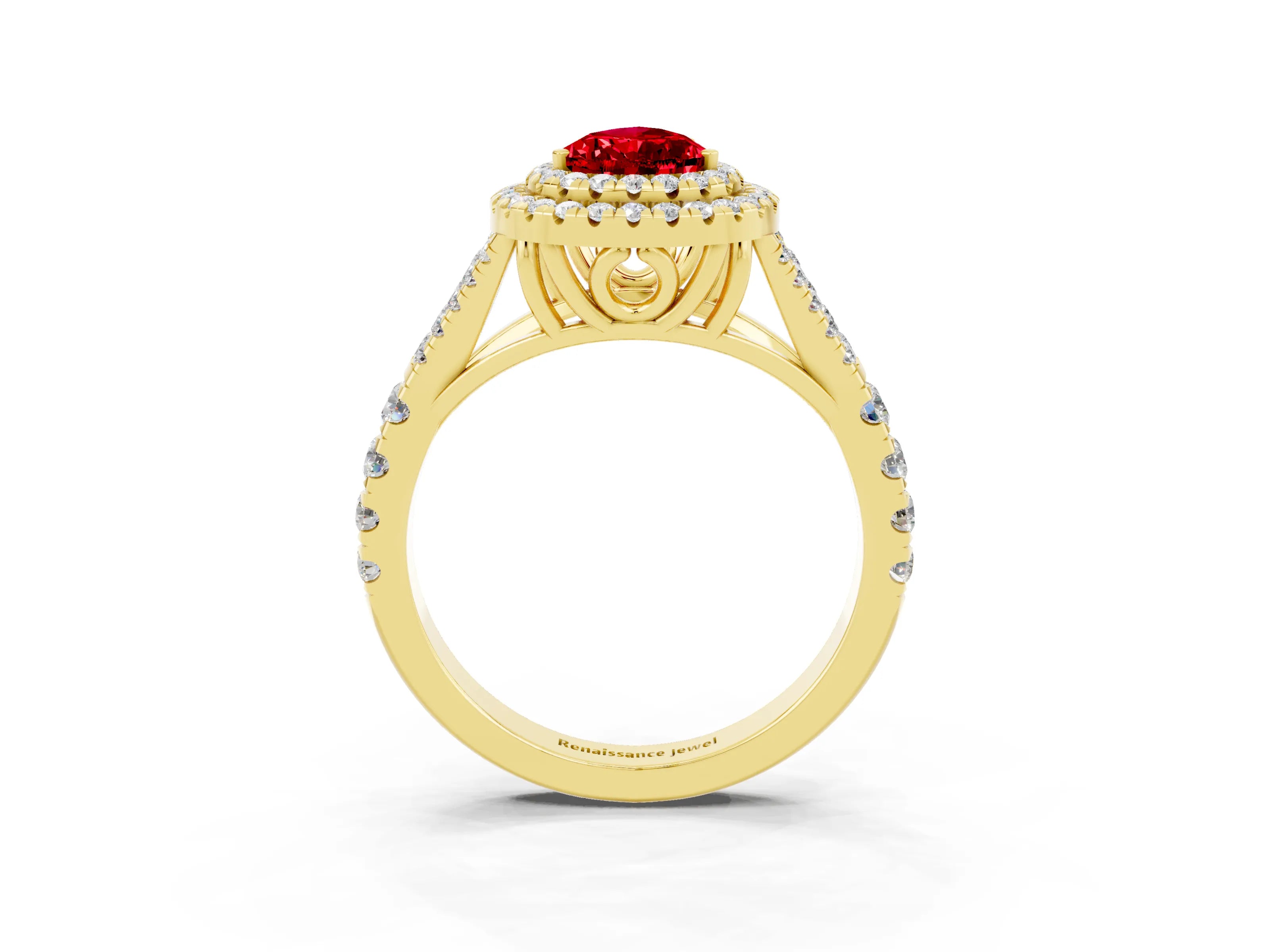 Yellow gold Double Halo Pear Cut Ruby Pavé Split Shank Ring with Prong Setting_3