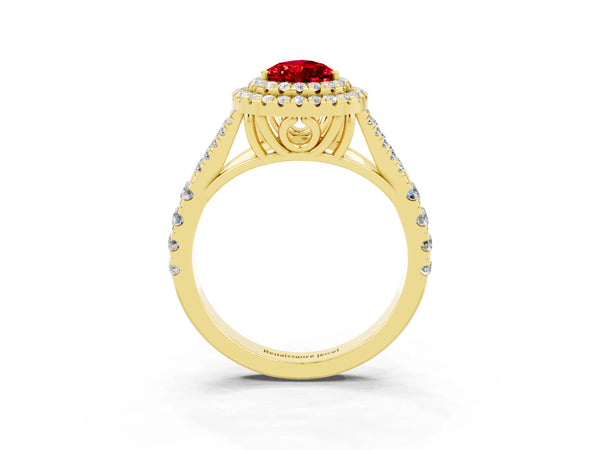 Yellow gold Double Halo Pear Cut Ruby Pavé Split Shank Ring with Prong Setting