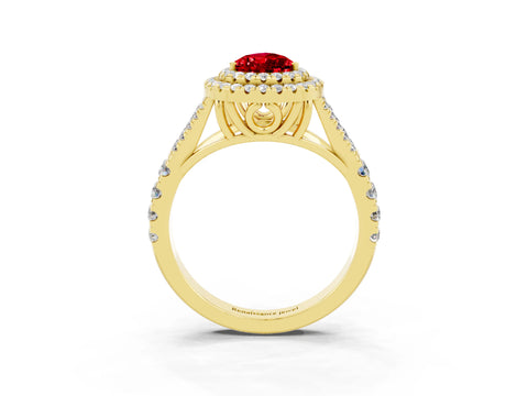 Yellow gold Double Halo Pear Cut Ruby Pavé Split Shank Ring with Prong Setting_3