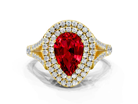 Yellow gold Double Halo Pear Cut Ruby Pavé Split Shank Ring with Prong Setting