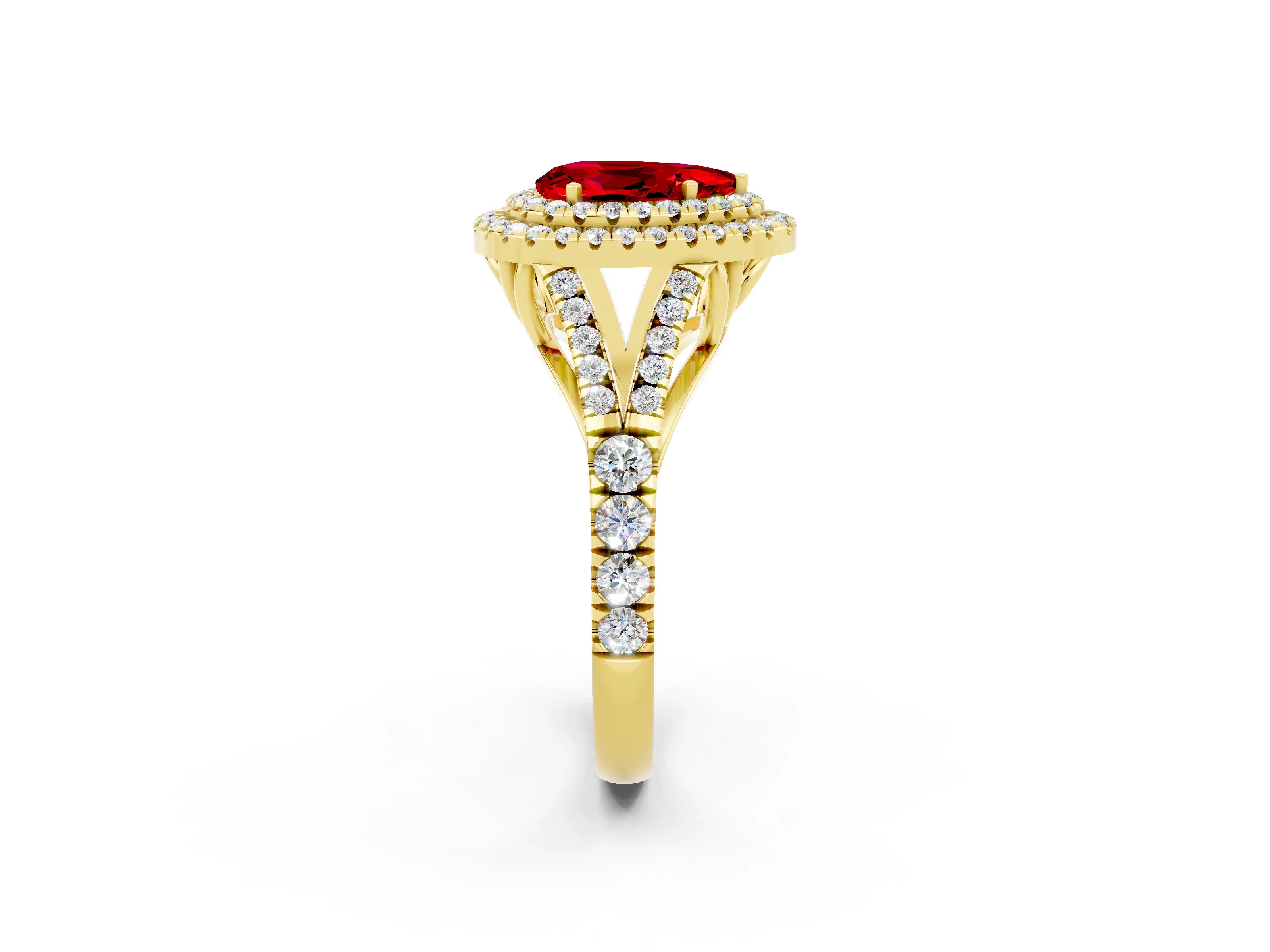 Yellow gold Double Halo Pear Cut Ruby Split Shank Engagement Ring with Four-Prong Setting_2