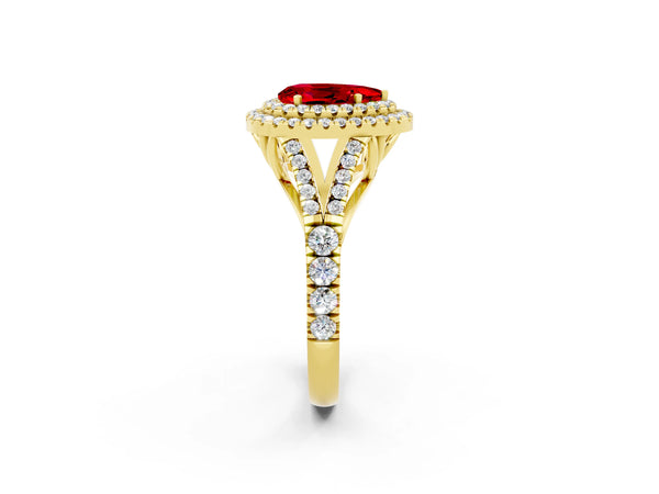 Yellow gold Double Halo Pear Cut Ruby Split Shank Engagement Ring with Four-Prong Setting