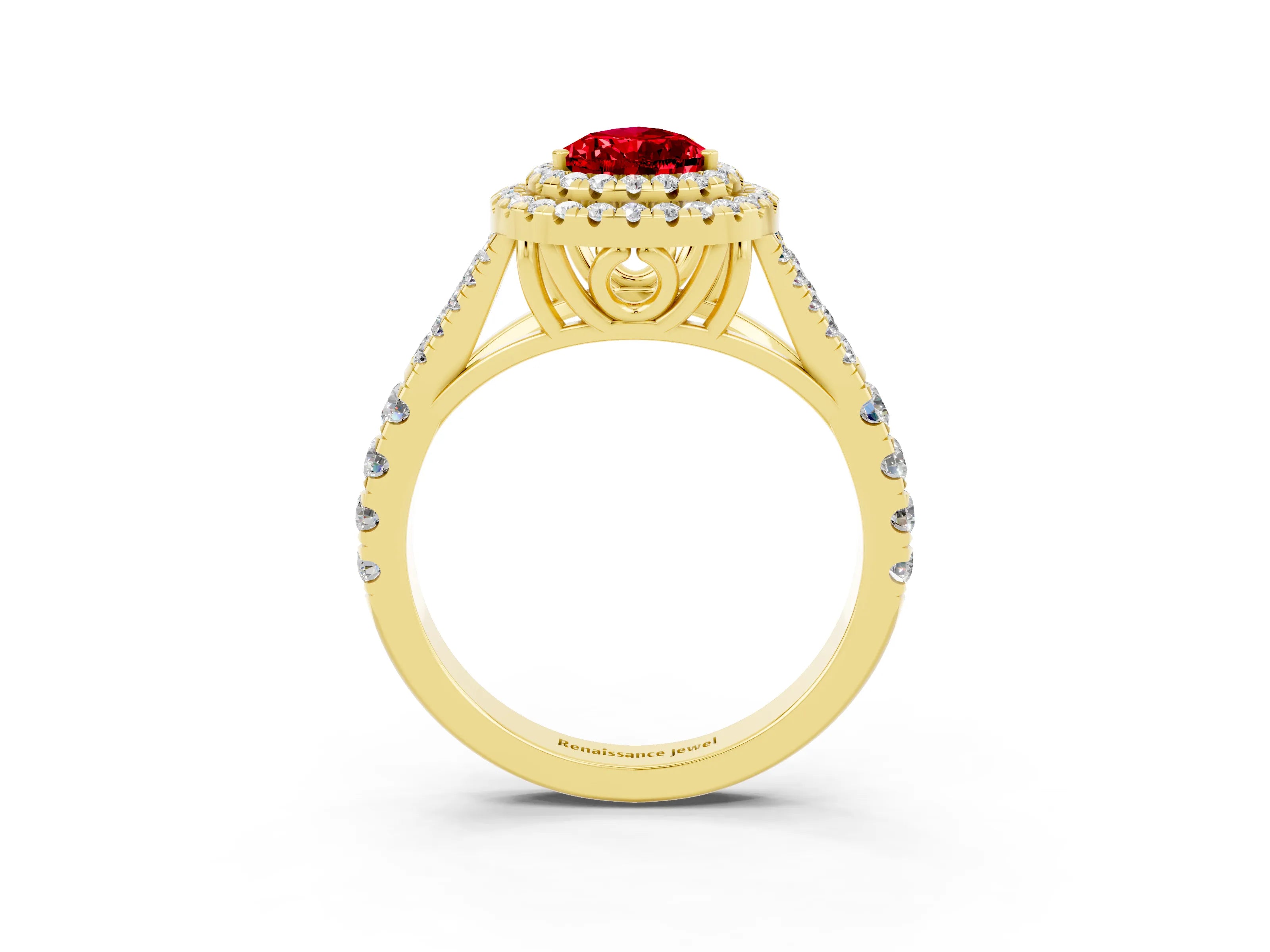Yellow gold Double Halo Pear Cut Ruby Split Shank Engagement Ring with Four-Prong Setting_3