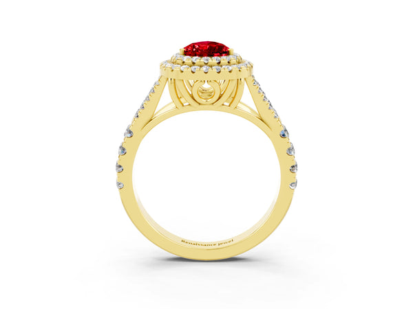 Yellow gold Double Halo Pear Cut Ruby Split Shank Engagement Ring with Four-Prong Setting