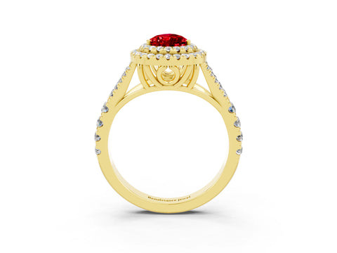 Yellow gold Double Halo Pear Cut Ruby Split Shank Engagement Ring with Four-Prong Setting_3