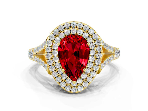 Yellow gold Double Halo Pear Cut Ruby Split Shank Engagement Ring with Four-Prong Setting