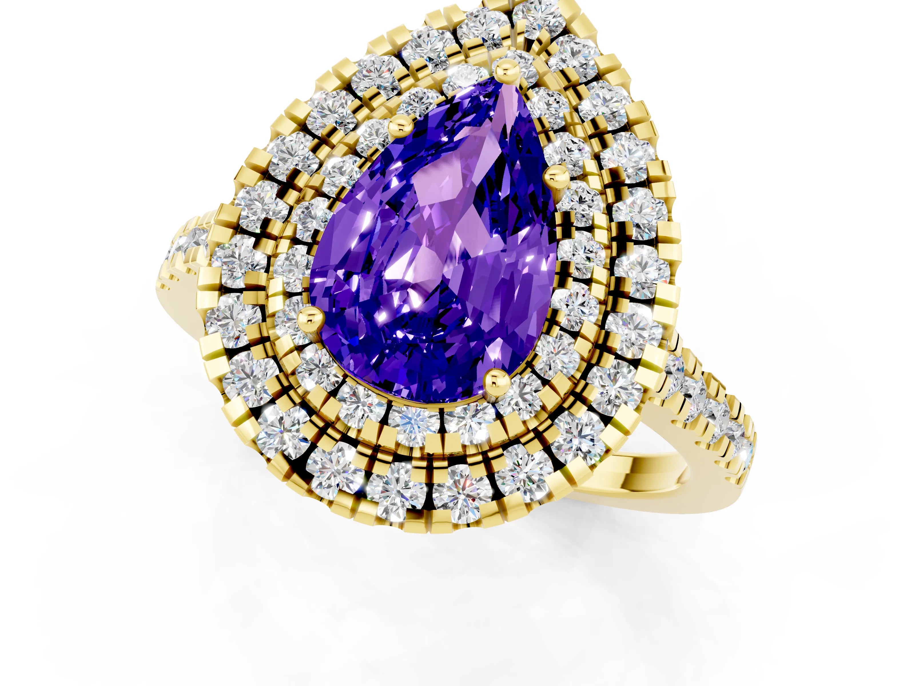 Yellow gold Double Halo Pear Cut Tanzanite Pavé Band with Four-Prong Setting_1