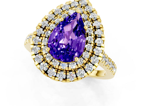 Yellow gold Double Halo Pear Cut Tanzanite Pavé Band with Four-Prong Setting_1