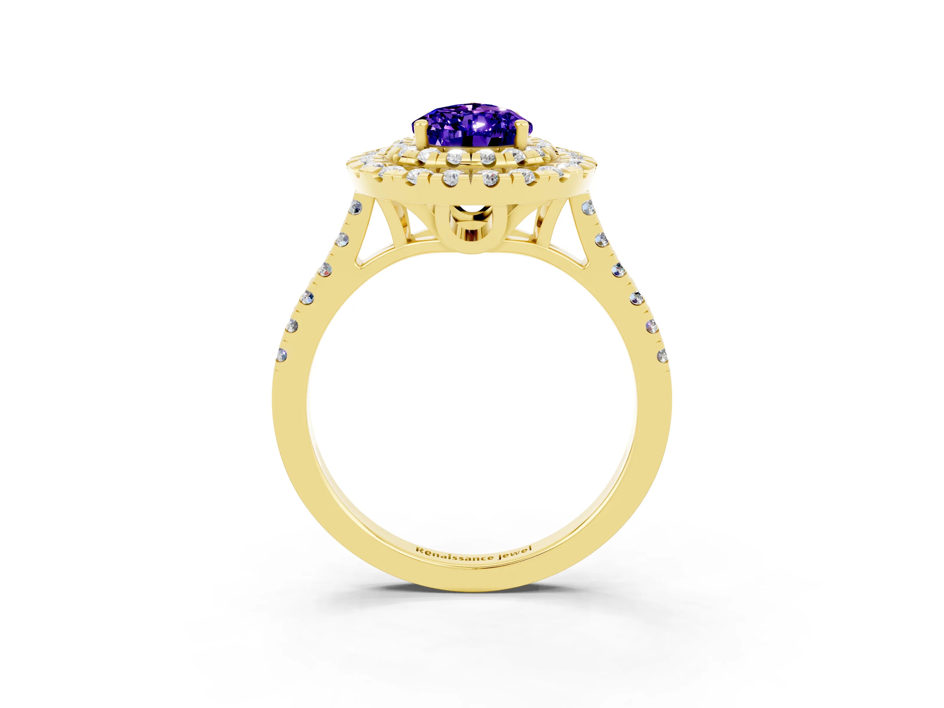 Yellow gold Double Halo Pear Cut Tanzanite Pavé Band with Four-Prong Setting_3
