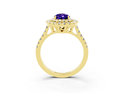 Yellow gold Double Halo Pear Cut Tanzanite Pavé Band with Four-Prong Setting_3