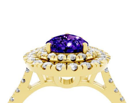 Yellow gold Double Halo Pear Cut Tanzanite Pavé Band with Four-Prong Setting_4