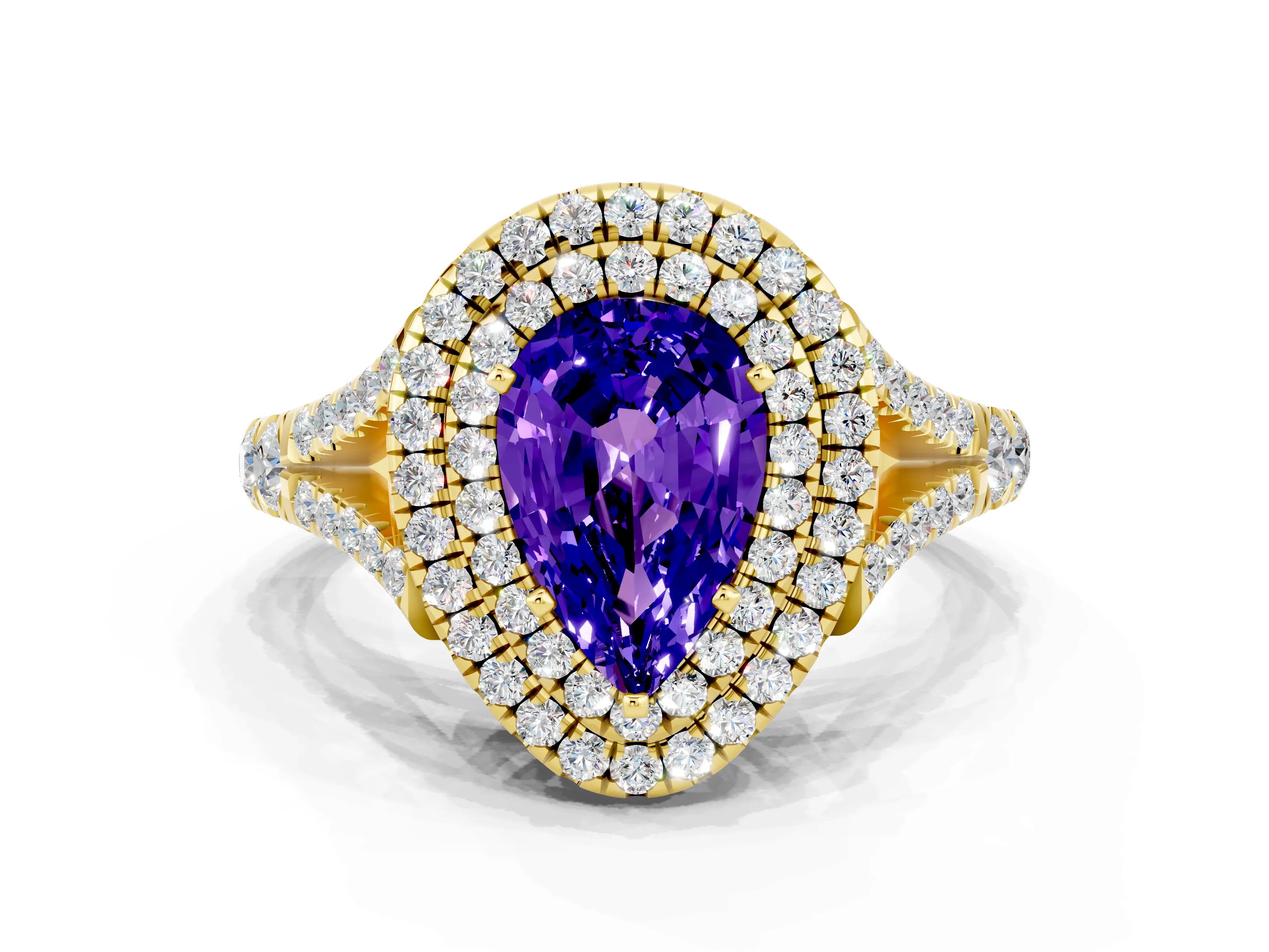 Yellow gold Double Halo Pear Cut Tanzanite Pavé Split Shank Ring with Prong Setting