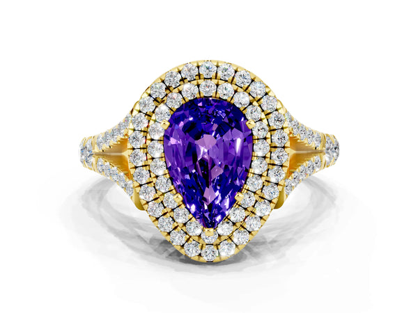 Yellow gold Double Halo Pear Cut Tanzanite Pavé Split Shank Ring with Prong Setting