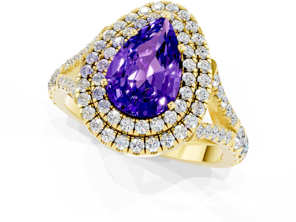 Yellow gold Double Halo Pear Cut Tanzanite Pavé Split Shank Ring with Prong Setting