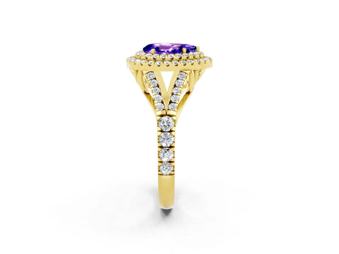 Yellow gold Double Halo Pear Cut Tanzanite Pavé Split Shank Ring with Prong Setting_2