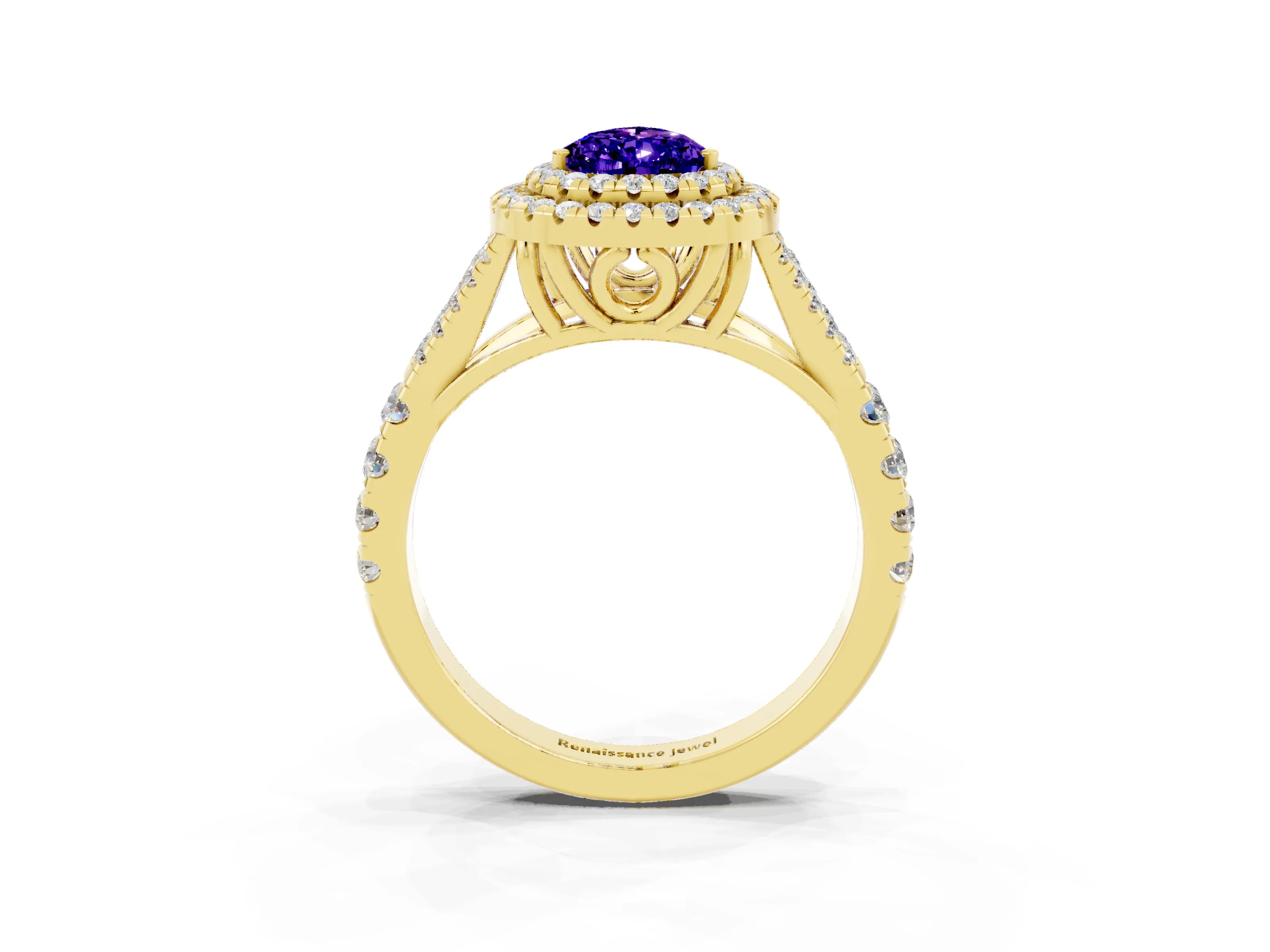 Yellow gold Double Halo Pear Cut Tanzanite Pavé Split Shank Ring with Prong Setting_3