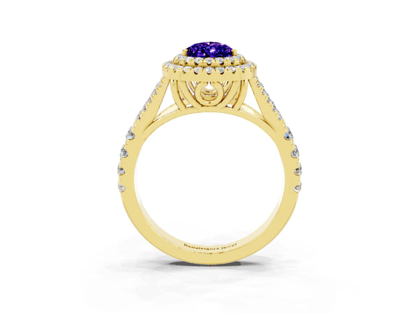 Yellow gold Double Halo Pear Cut Tanzanite Pavé Split Shank Ring with Prong Setting