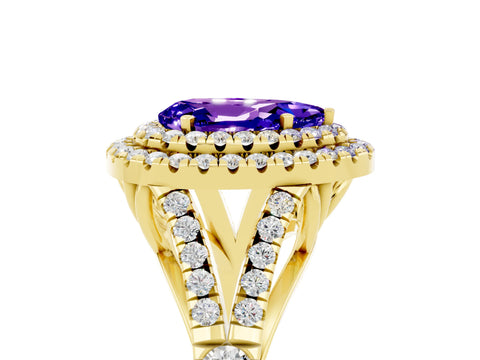 Yellow gold Double Halo Pear Cut Tanzanite Pavé Split Shank Ring with Prong Setting_5
