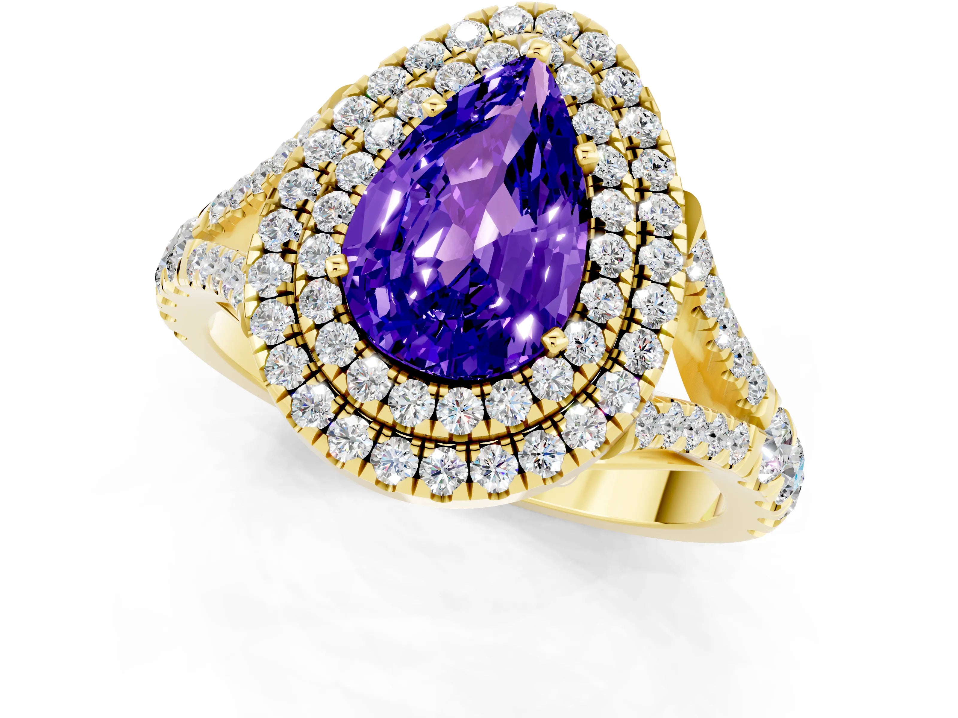 Yellow gold Double Halo Pear Cut Tanzanite Split Shank Engagement Ring with Four-Prong Setting_1