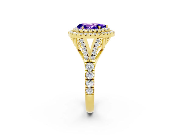 Yellow gold Double Halo Pear Cut Tanzanite Split Shank Engagement Ring with Four-Prong Setting
