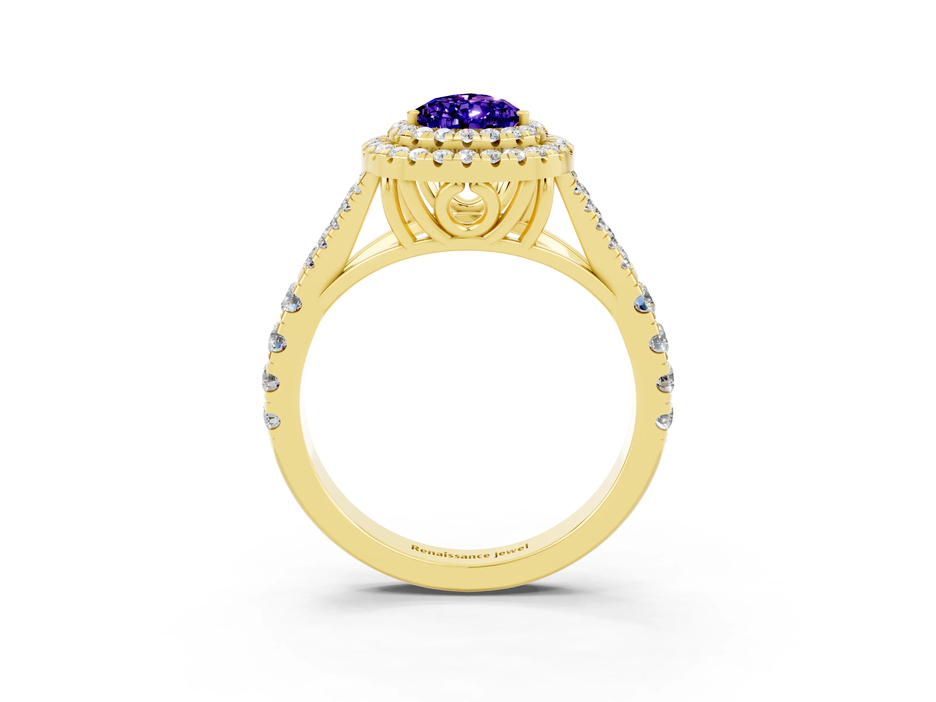 Yellow gold Double Halo Pear Cut Tanzanite Split Shank Engagement Ring with Four-Prong Setting_3