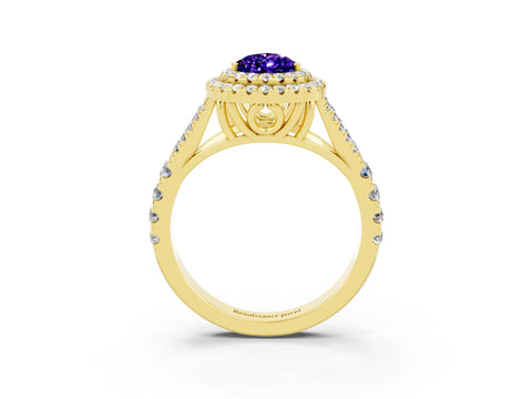Yellow gold Double Halo Pear Cut Tanzanite Split Shank Engagement Ring with Four-Prong Setting_3