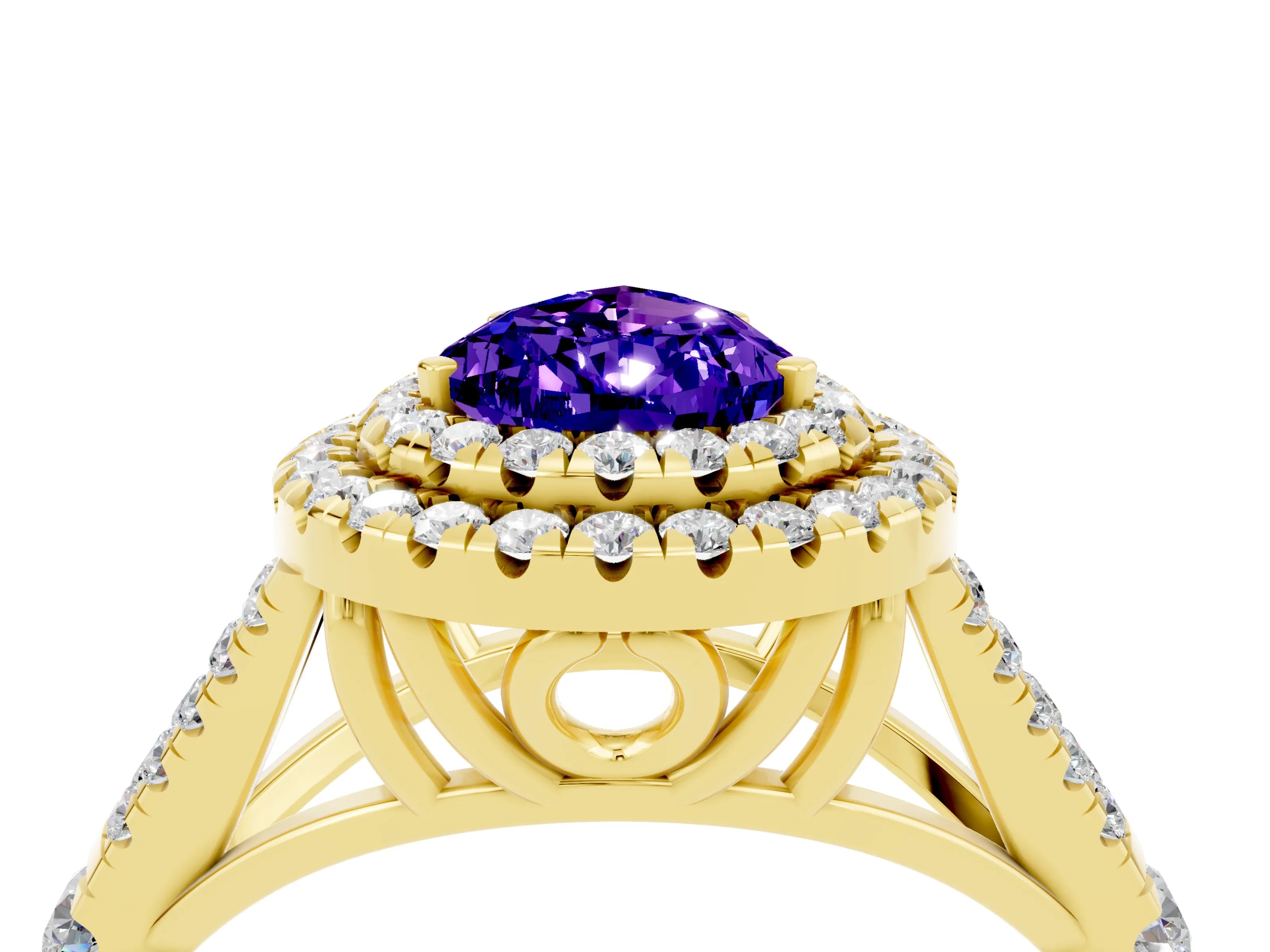 Yellow gold Double Halo Pear Cut Tanzanite Split Shank Engagement Ring with Four-Prong Setting_4