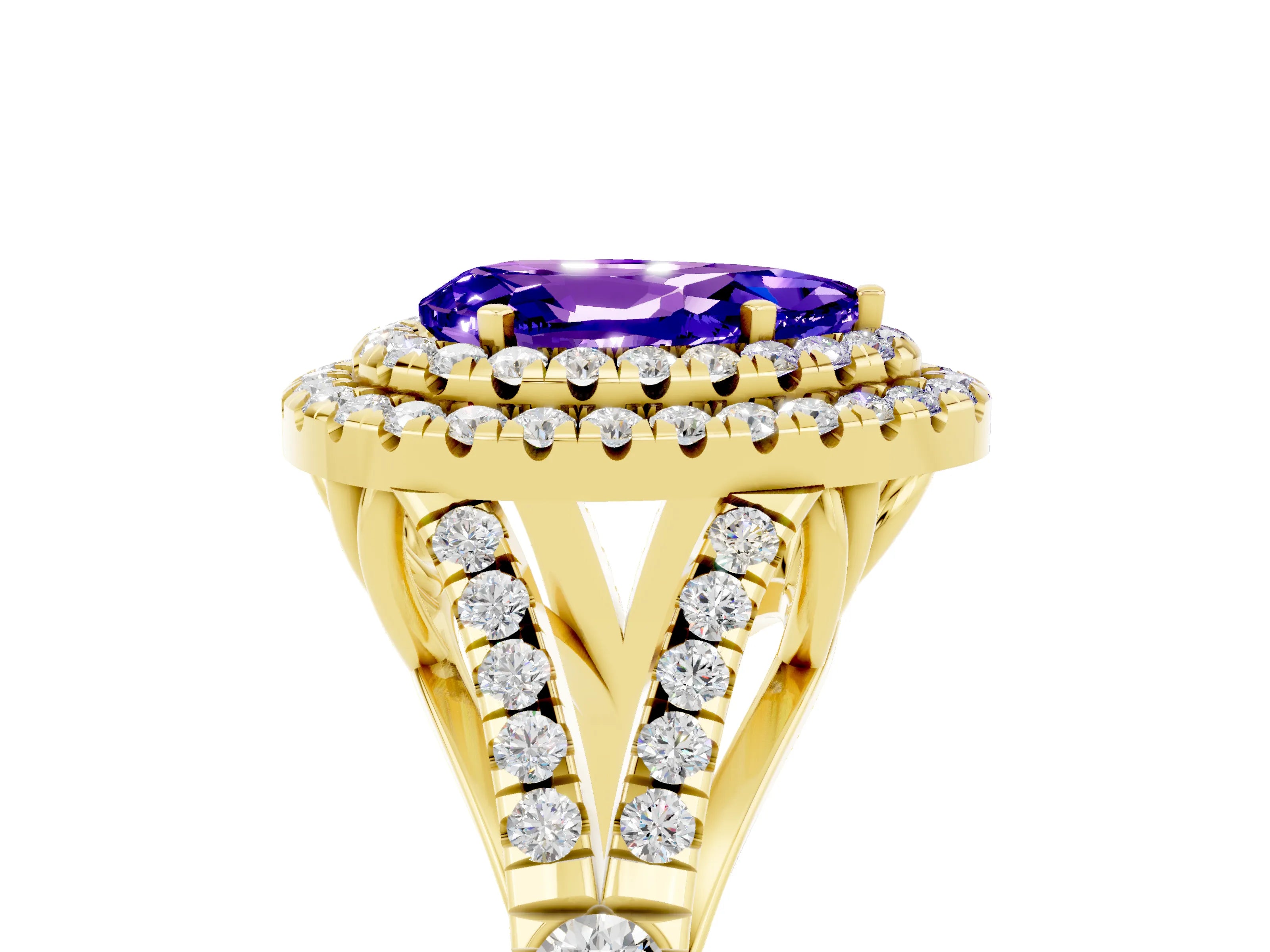 Yellow gold Double Halo Pear Cut Tanzanite Split Shank Engagement Ring with Four-Prong Setting_5