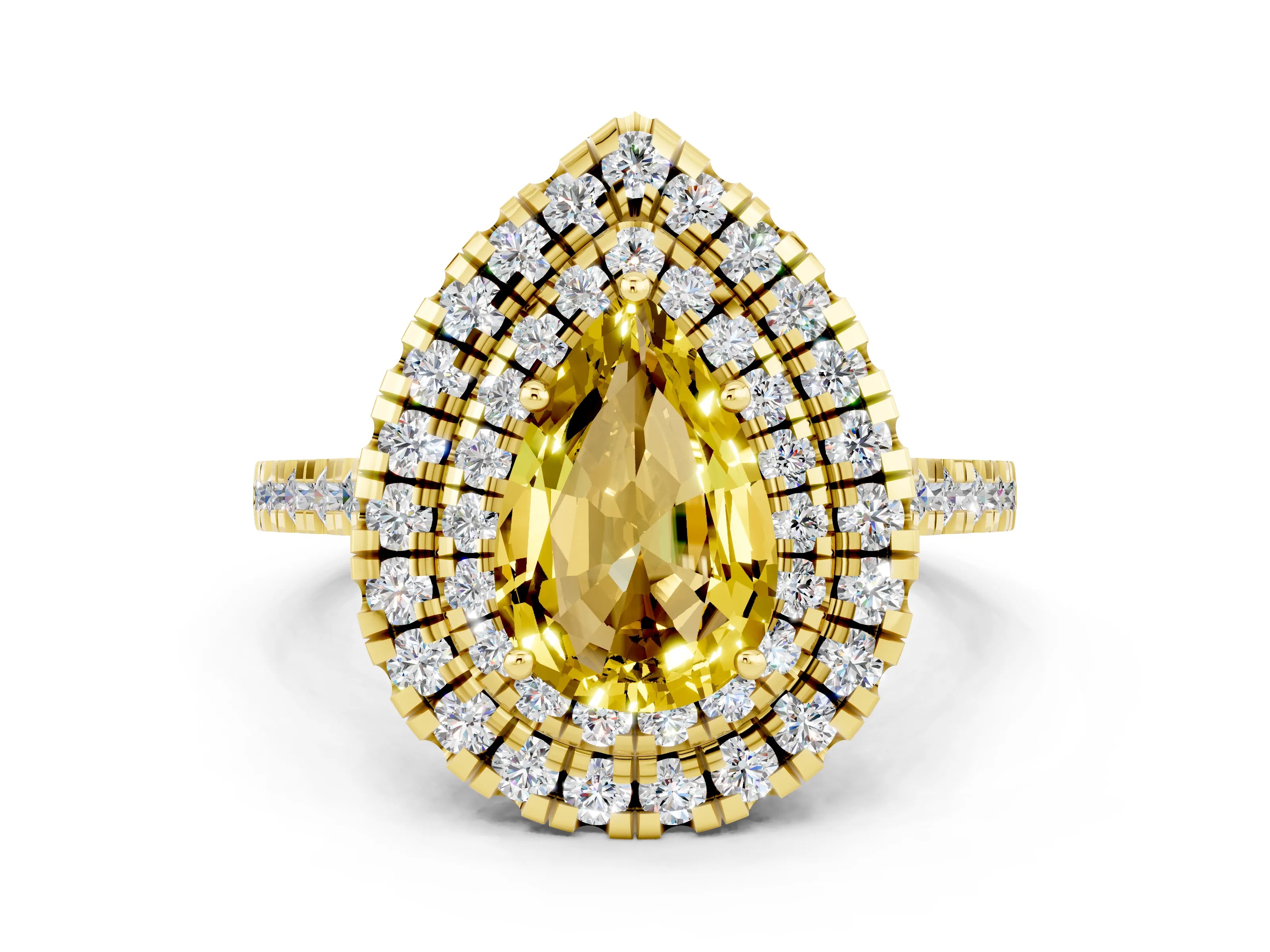 Yellow gold Double Halo Pear Cut Yellow Sapphire Pavé Band with Four-Prong Setting_24