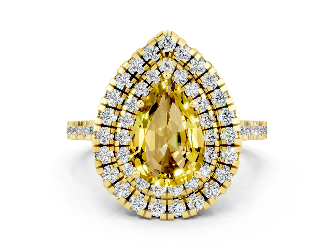 Yellow gold Double Halo Pear Cut Yellow Sapphire Pavé Band with Four-Prong Setting_24