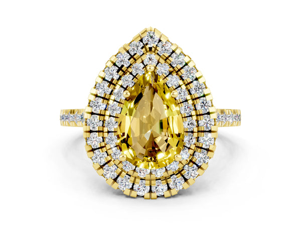 Yellow gold Double Halo Pear Cut Yellow Sapphire Pavé Band with Four-Prong Setting
