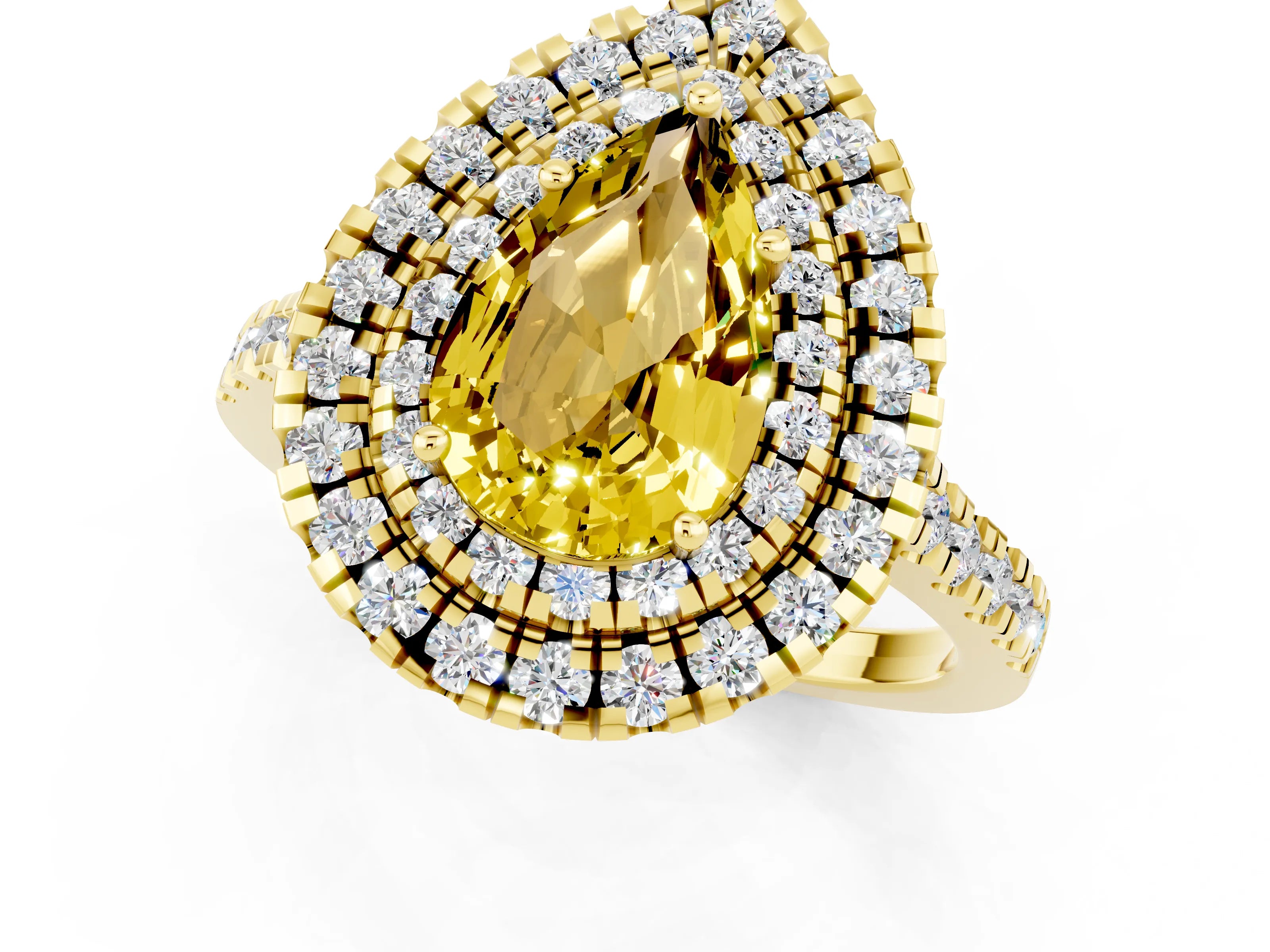 Yellow gold Double Halo Pear Cut Yellow Sapphire Pavé Band with Four-Prong Setting_25