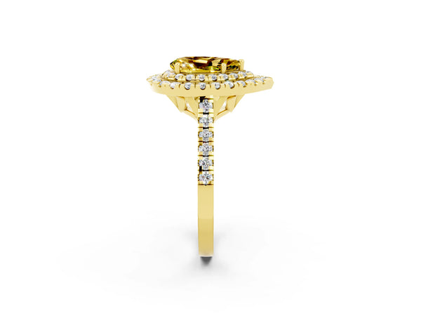 Yellow gold Double Halo Pear Cut Yellow Sapphire Pavé Band with Four-Prong Setting