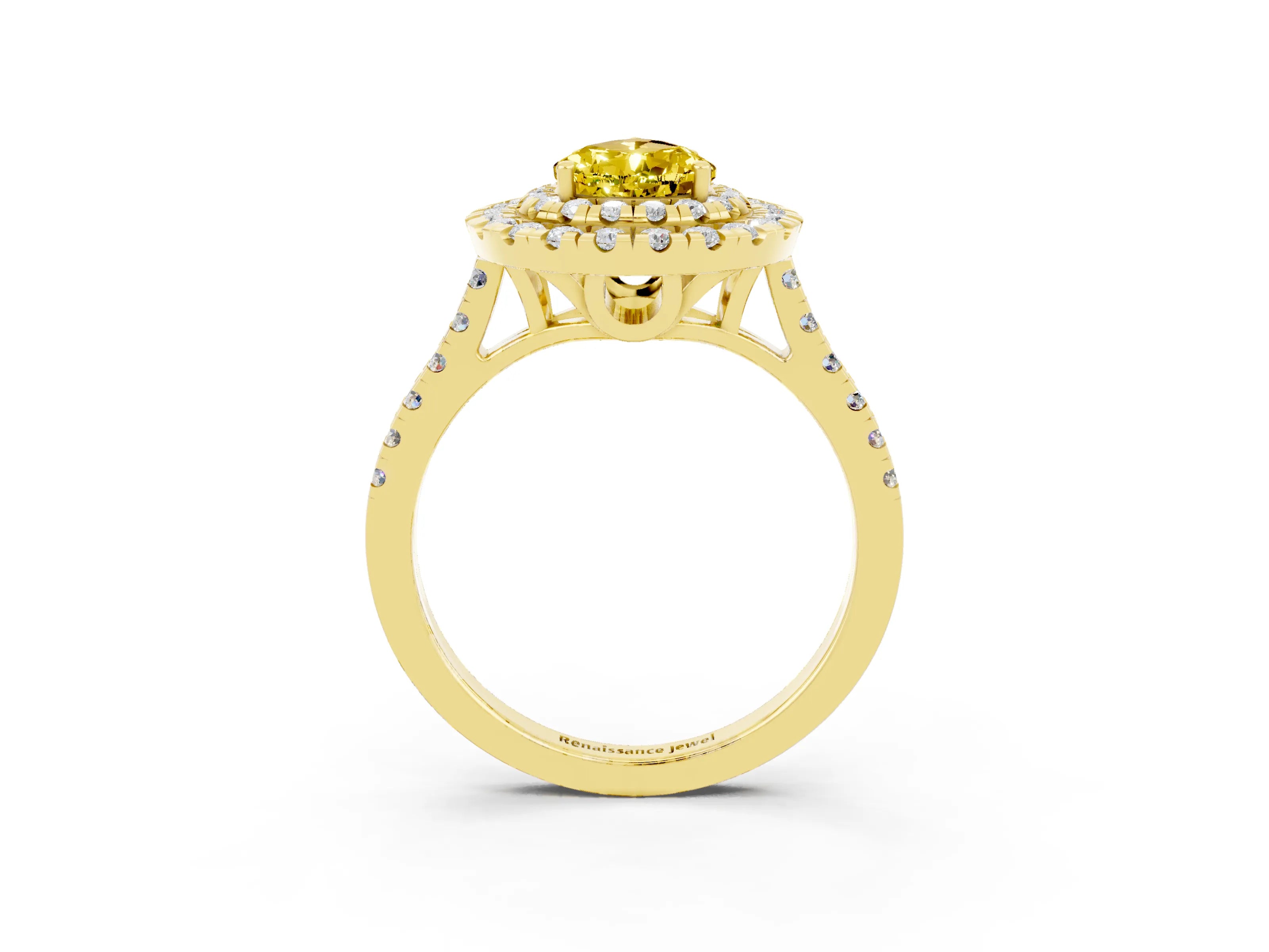 Yellow gold Double Halo Pear Cut Yellow Sapphire Pavé Band with Four-Prong Setting_27