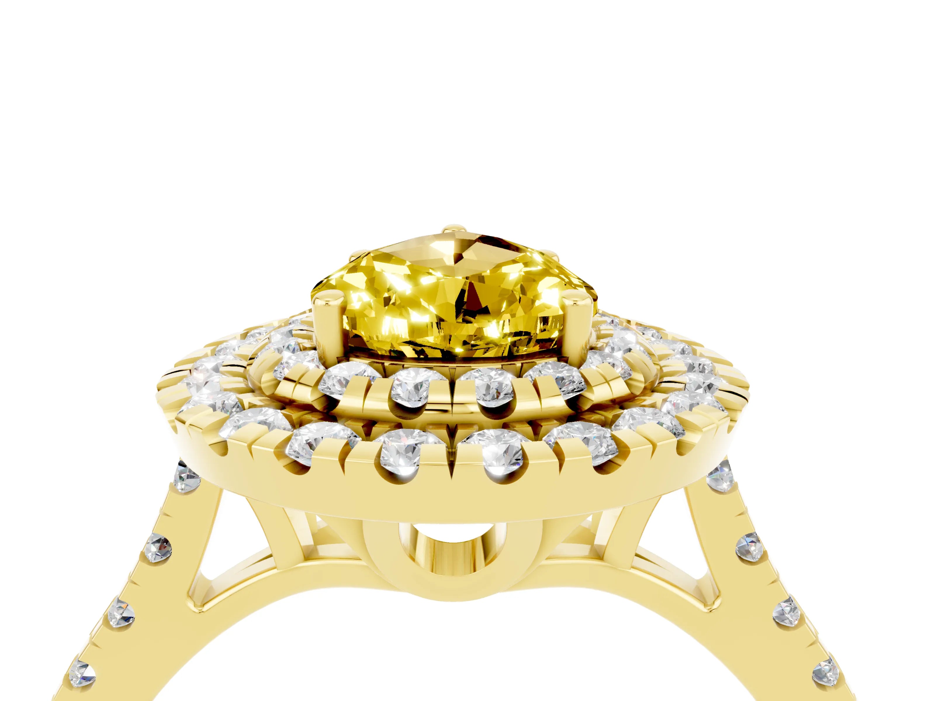 Yellow gold Double Halo Pear Cut Yellow Sapphire Pavé Band with Four-Prong Setting_28
