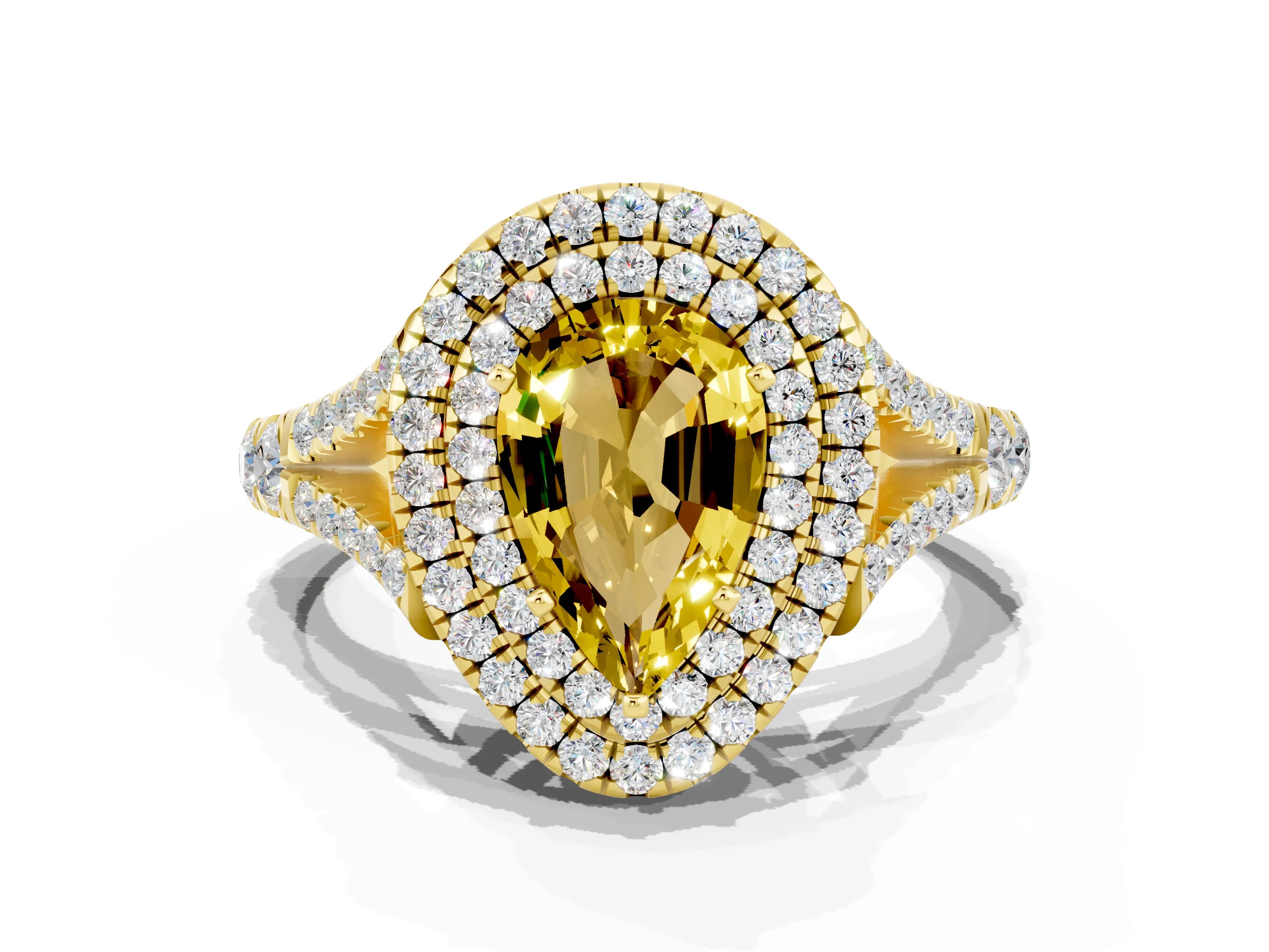 Yellow gold Double Halo Pear Cut Yellow Sapphire Pavé Split Shank Ring with Prong Setting