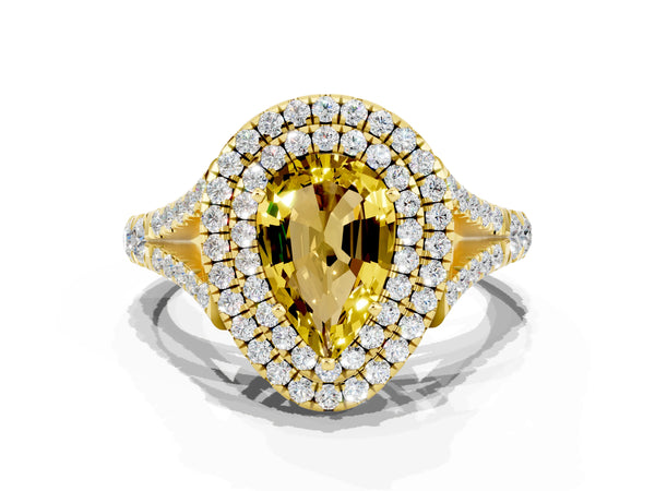 Yellow gold Double Halo Pear Cut Yellow Sapphire Pavé Split Shank Ring with Prong Setting