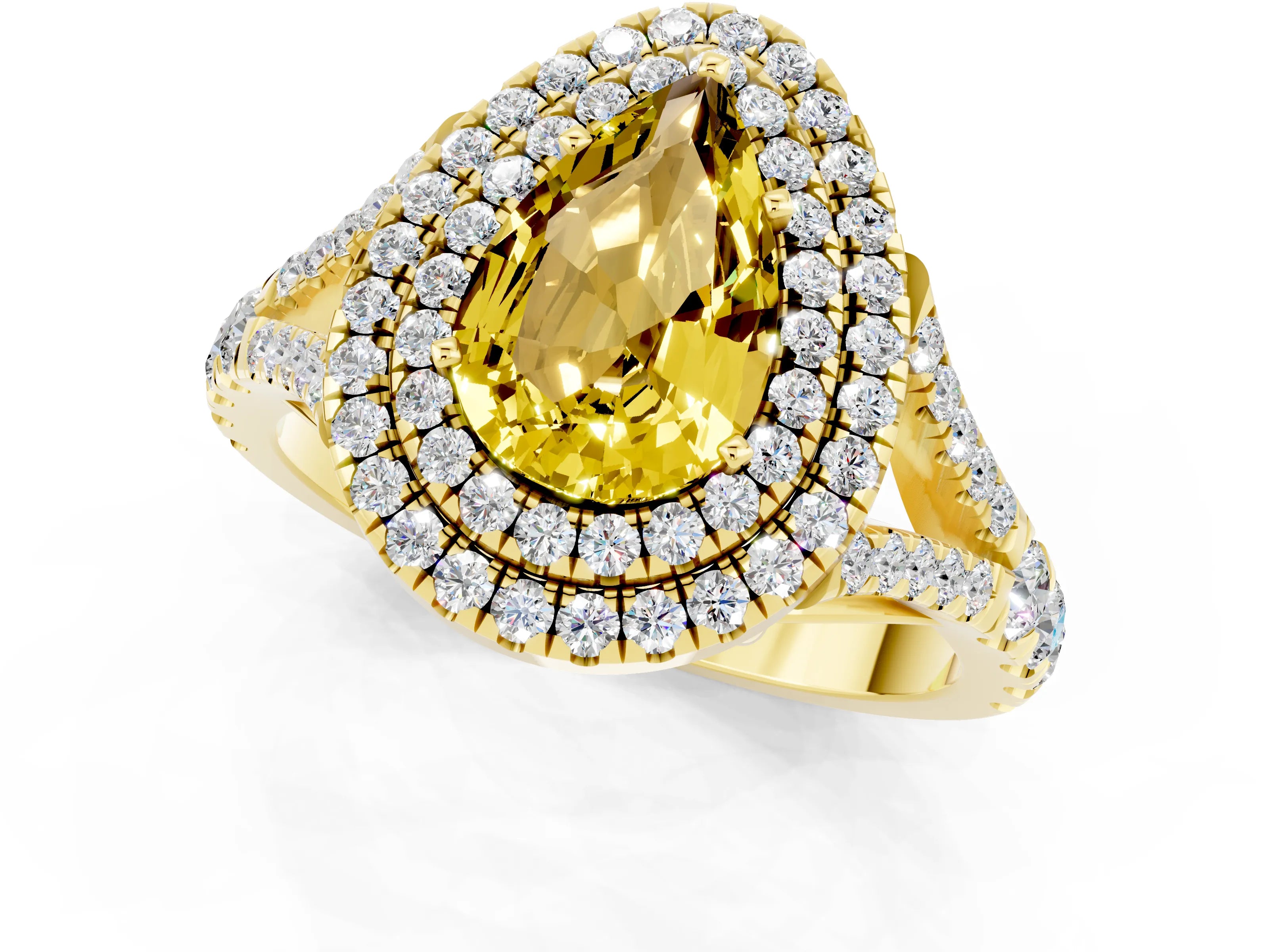 Yellow gold Double Halo Pear Cut Yellow Sapphire Pavé Split Shank Ring with Prong Setting_1