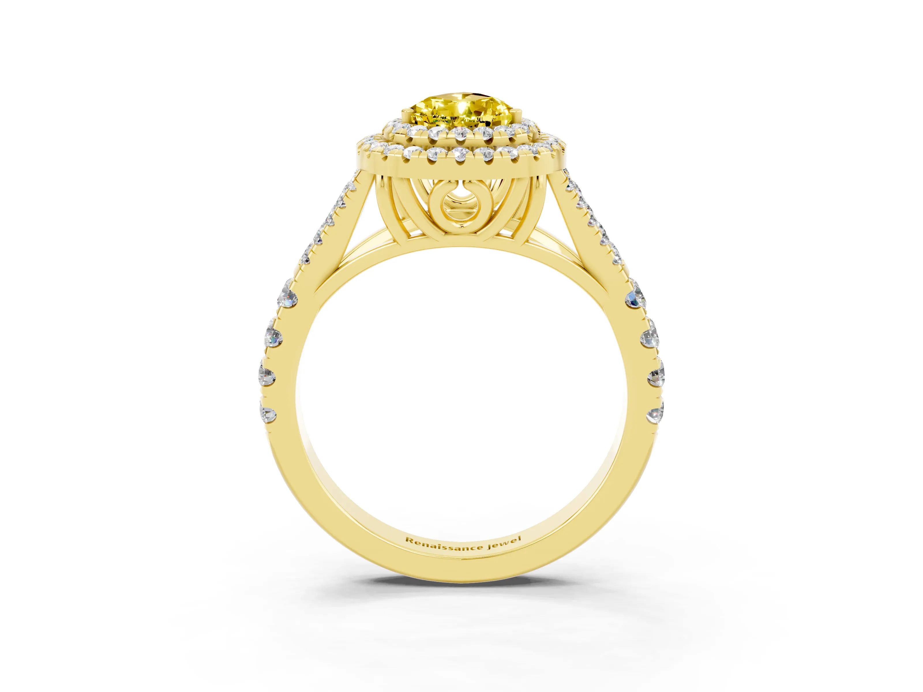 Yellow gold Double Halo Pear Cut Yellow Sapphire Pavé Split Shank Ring with Prong Setting_3